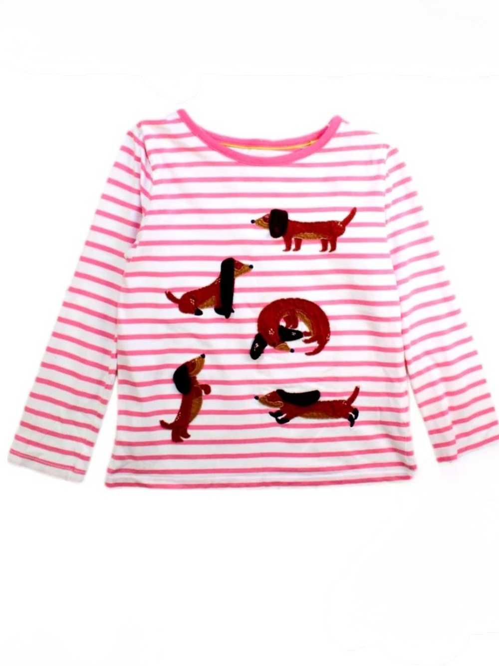 Mini Boden Girls' Pink Stripe Dachshund Applique Long-Sleeve Top Size 9-10Y